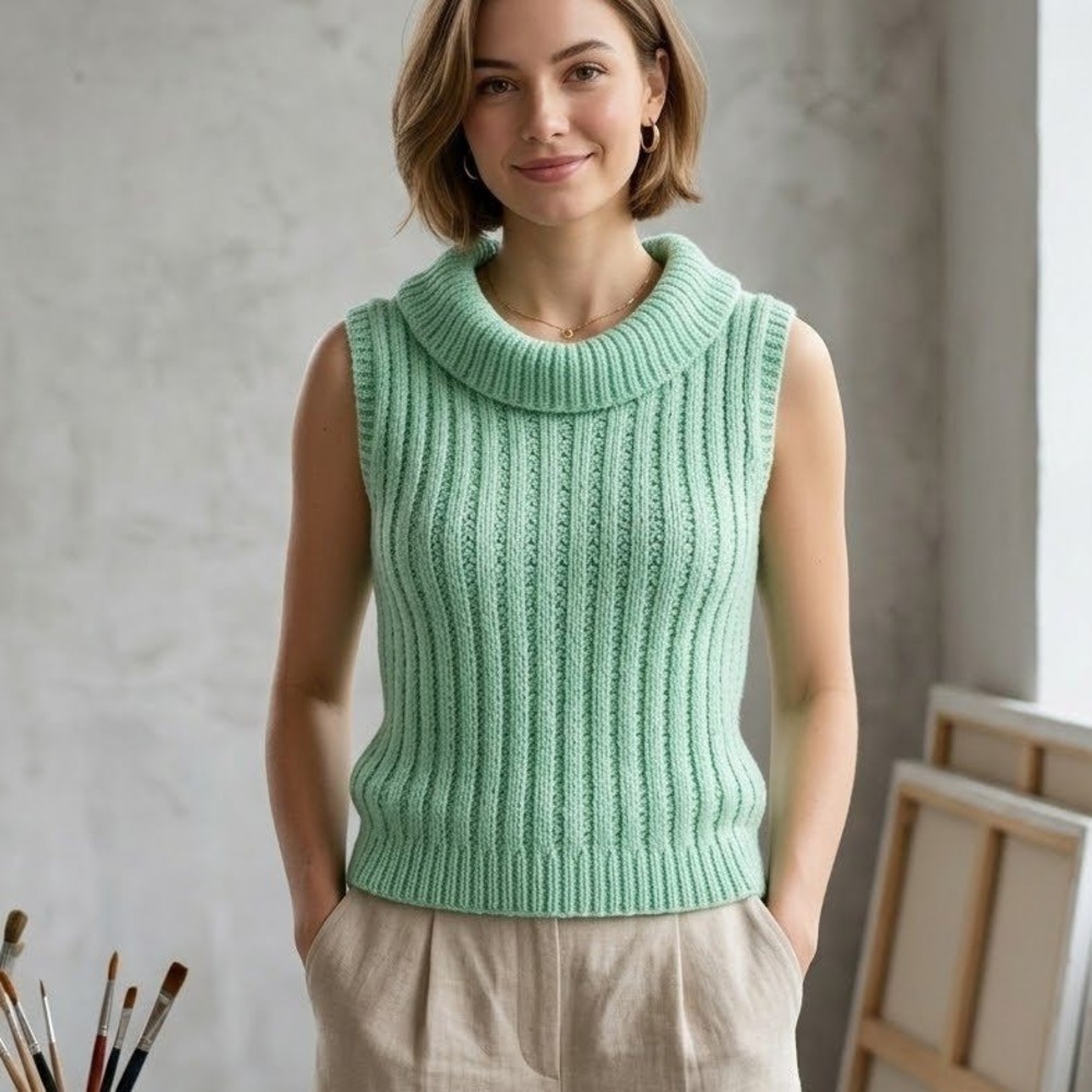 Handmade Knit Sweater Vest Womens Medium Green Sleeveless Boat Neck Retro Artsy